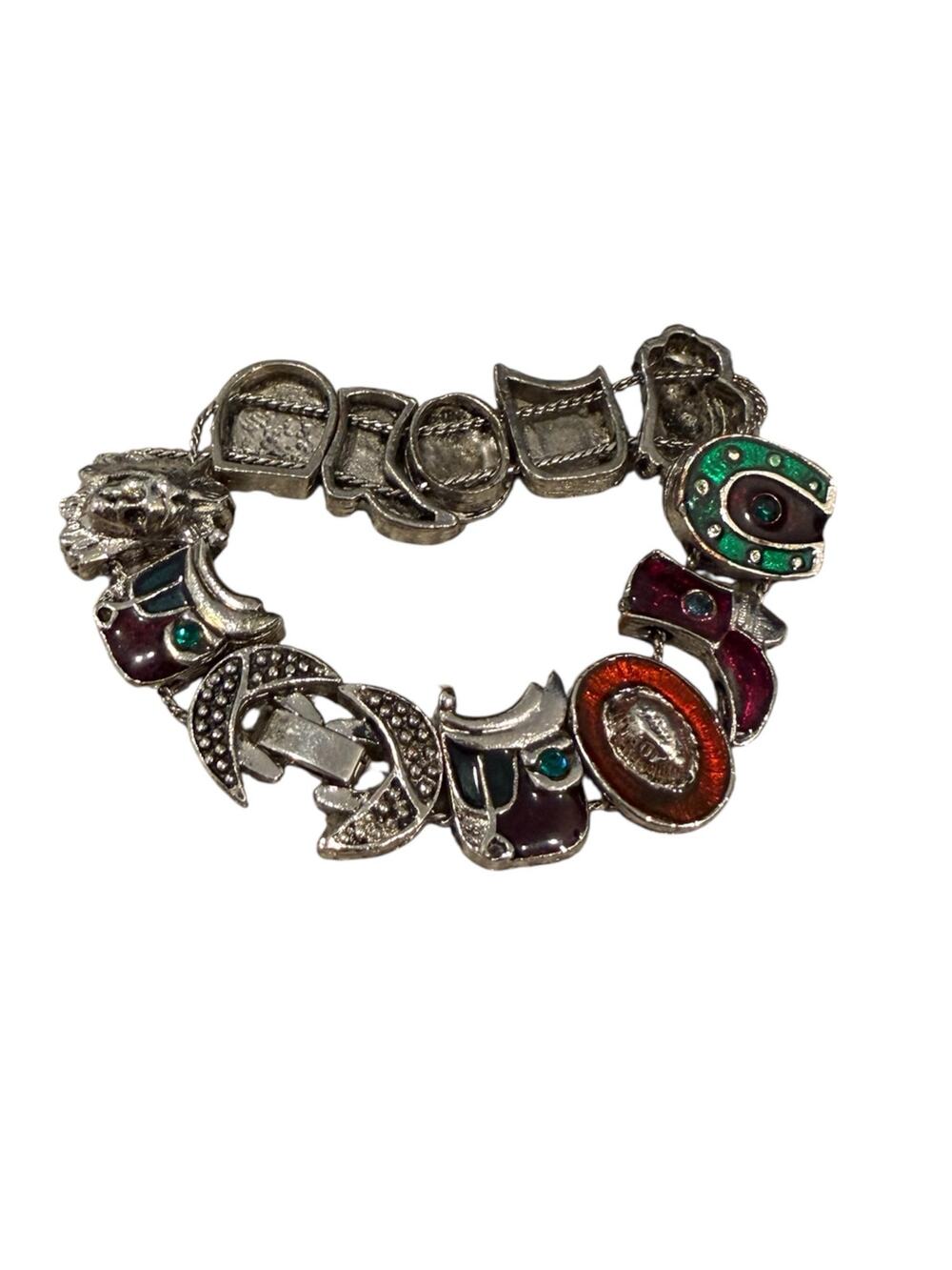 Vtg Western Silver Tone Charm Slide Bracelet Clasp Lock Cowboy Boots Horseshoe